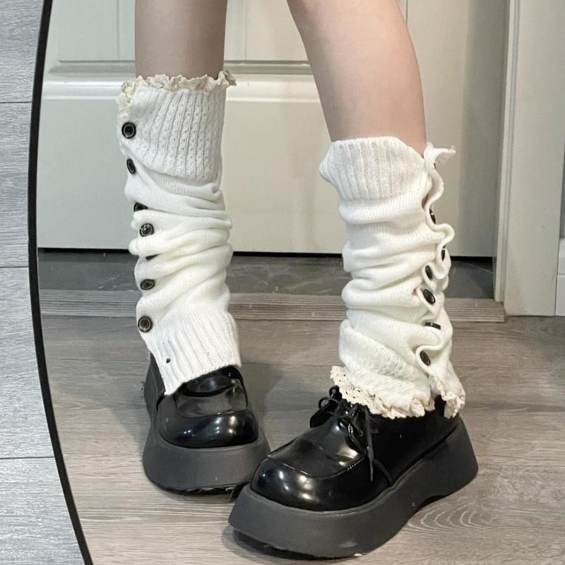 Palandot Stacked Stocking Cover With Lace Japanese Korean Medium-Style All-Match Sub-Culture Leg Cover Spice Girls Multicolor Button - Image 1